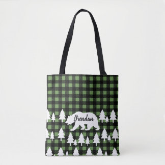 Bolso De Tela Bosque de oso rústico y placa verde con nombre