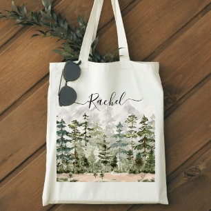 Bolso De Tela Bosque de Pino Verde de Montaña con Acuarela Monog