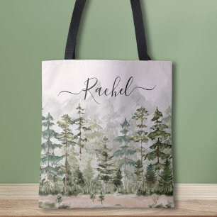 Bolso De Tela Bosque de Pino Verde Montañoso Acuarela Personaliz