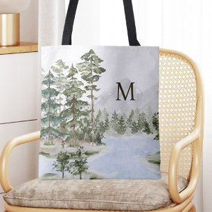 Bolso De Tela Bosque de Pinos Verde y Lago con Monograma