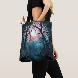 Bolso De Tela Bosque Embrujado Luna Llena Azul y Rosa Halloween