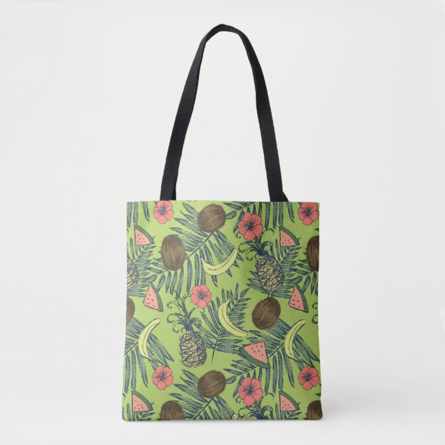Bolso De Tela Bosquejo de la fruta tropical en modelo verde (Anverso)
