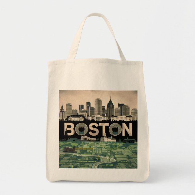 Bolso De Tela Boston, Boston Massachusetts City Skyline con mapa (Frente)