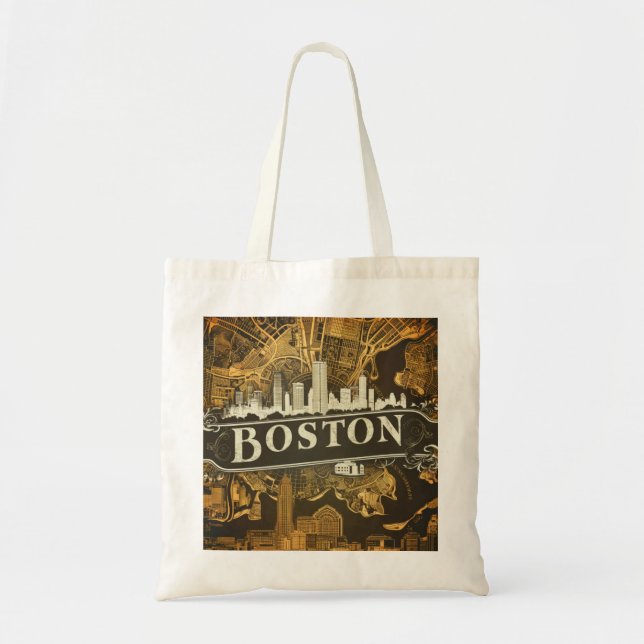 Bolso De Tela Boston, Boston Massachusetts City Skyline con mapa (Frente)