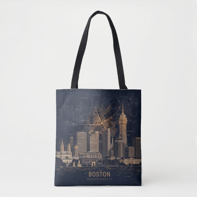 Bolso De Tela Boston, Boston Massachusetts City Skyline con mapa (Anverso)