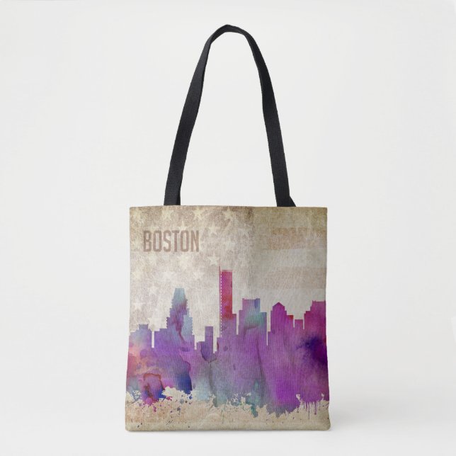 Bolso De Tela Boston, horizonte de la ciudad de la acuarela de (Anverso)