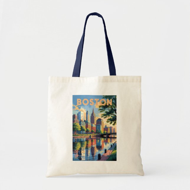 Bolso De Tela Boston Massachusetts Skyline Travel Art Vintage (Frente)