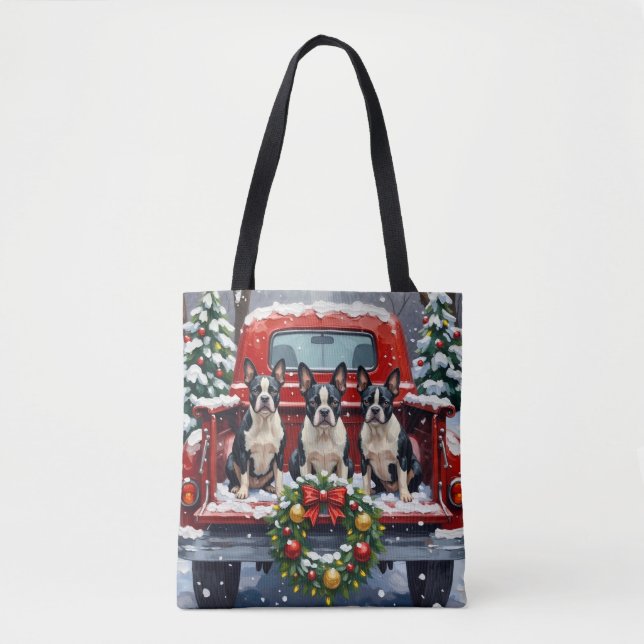 Bolso De Tela Boston Terrier Christmas Red Truck Holiday (Anverso)