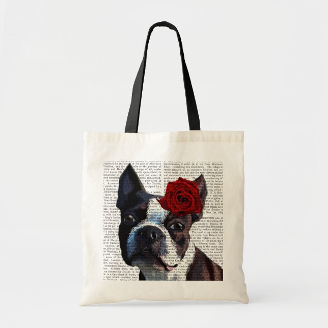 Bolso De Tela Boston Terrier con Rosa en la cabeza (Frente)