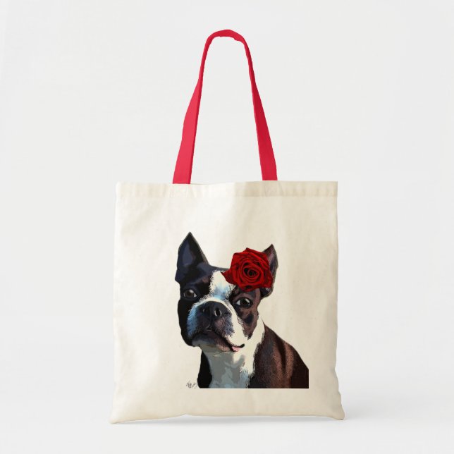 Bolso De Tela Boston Terrier con Rosa en la cabeza 2 (Frente)