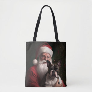 Bolso De Tela Boston Terrier Con Santa Claus Festivo Navidad