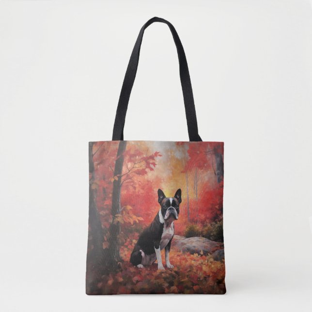 Bolso De Tela Boston Terrier en otoño se inspira en la caída (Anverso)