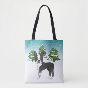 Bolso De Tela Boston Terrier negro en un bosque invernal