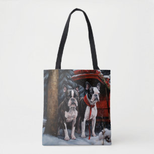 Bolso De Tela Boston Terrier Nevado Trineo Decoración de Navidad