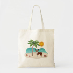 Bolso De Tela Boston Terrier Rojo en una Playa Tropical de Veran