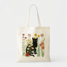 Botanical Nature – Black Cat in Wildflower Garden