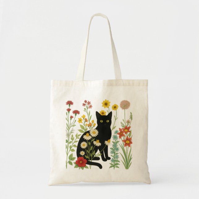 Bolso De Tela  Botanical Nature – Black Cat in Wildflower Garden (Frente)