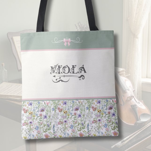 Bolso De Tela Botanical Sage Green Viola | String Player (Botanical Viola Tote Bag | Sage Green & Pink Wildflower | Personalized Orchestra Gift)