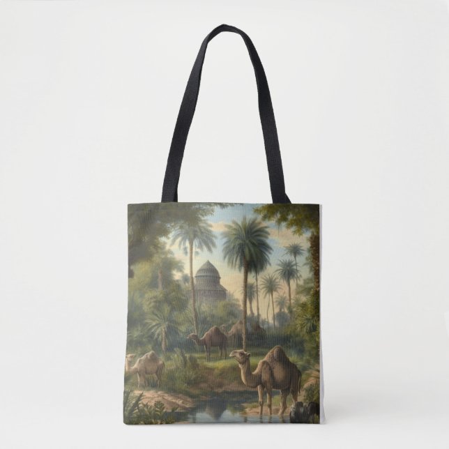 Bolso De Tela Botánico: dromedarios en la selva cerca de un río (Anverso)