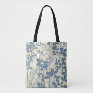 Bolso De Tela Botánico Japonés Azul Vintage: Helecho de Hoja Cre