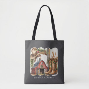 Bolso De Tela Botas vaqueras retro de pueblo pequeño de Navidad