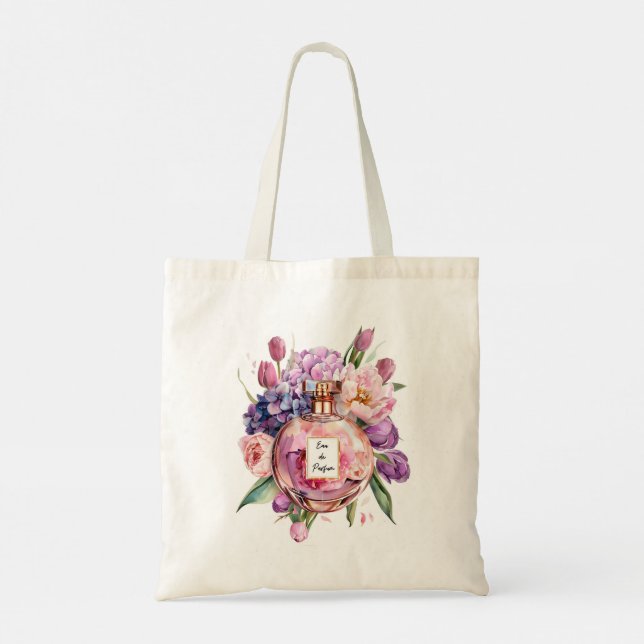 Bolso De Tela Botella perfume acuarela con Tote de flores (Reverso)