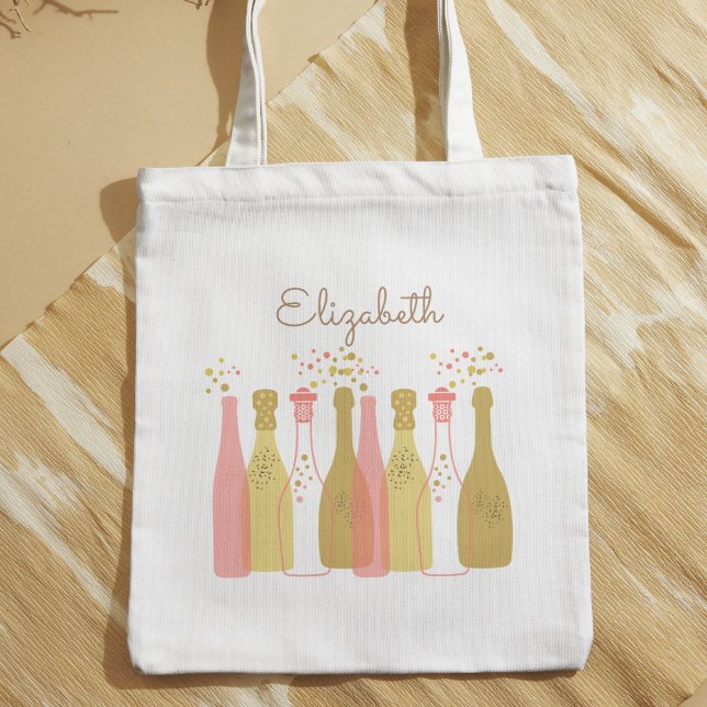 Bolso De Tela Botellas de champán retro personalizadas de los añ (This champagne tote features pastel-colored rose and gold bottles for a pretty glam 1960s look.)