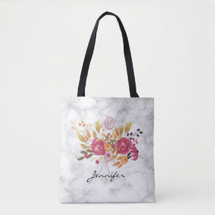 Bolso De Tela Bouquet de flores rosadas y Naranjas sobre la text