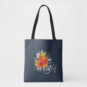 Bolso De Tela Bouquet floral moderno monograma azul
