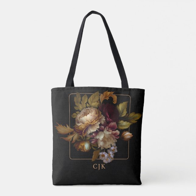 Bolso De Tela Bouquet floral oscuro del viejo mundo con monogram (Reverso)