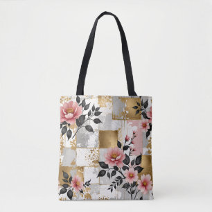 Bolso De Tela Bouquets de flores rosadas con cuadrados dorados y