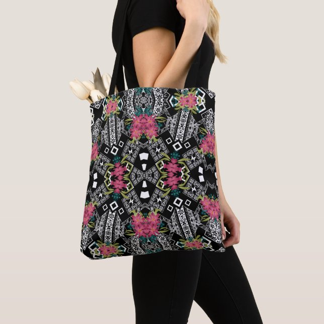 Bolso De Tela Bouquets de flores rosadas sobre una geométrica (Detalle)