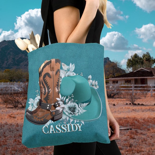 Bolso De Tela Bovinos vaqueros botas de gorra de cuero turquesa (Cowgirl cowboy boots hat turquoise leather name tote bag)