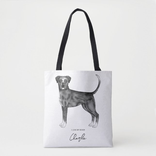 Bolso De Tela Boxer alemán perro en negro y blanco y Personaliza (Anverso)