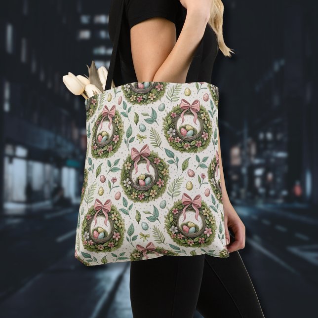 Bolso De Tela Boxwood Easter Wreath Pink Bow with Egg (Subido por el creador)