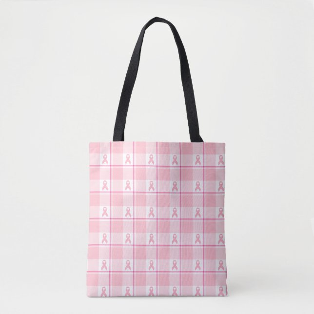 Bolso De Tela Breast Cancer Awareness Plaid Tote Bag, Pink (Anverso)