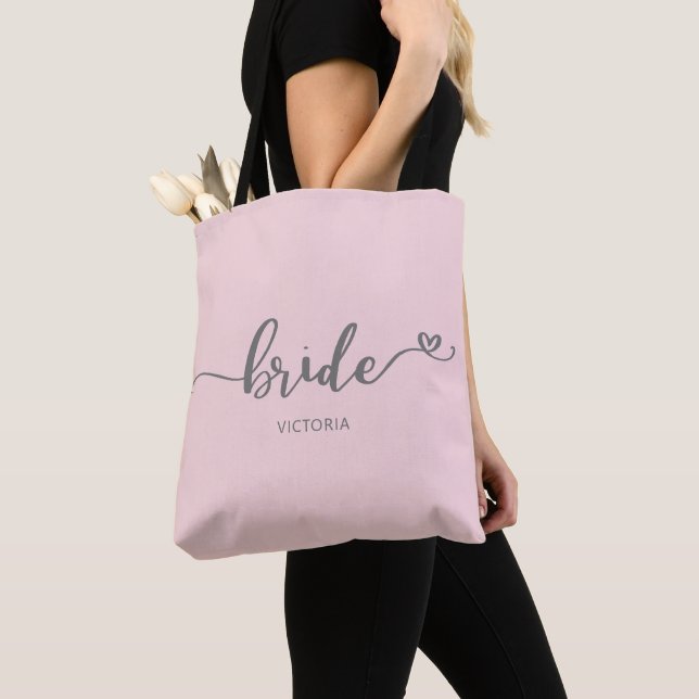 Bolso De Tela Bride Calligraphy Heart Rubor y Grey Boda (Detalle)
