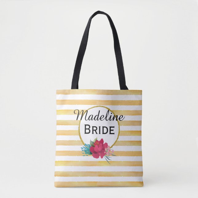 Bolso De Tela BRIDE FLORAL & GOLD STRIPE Personalizado (Anverso)