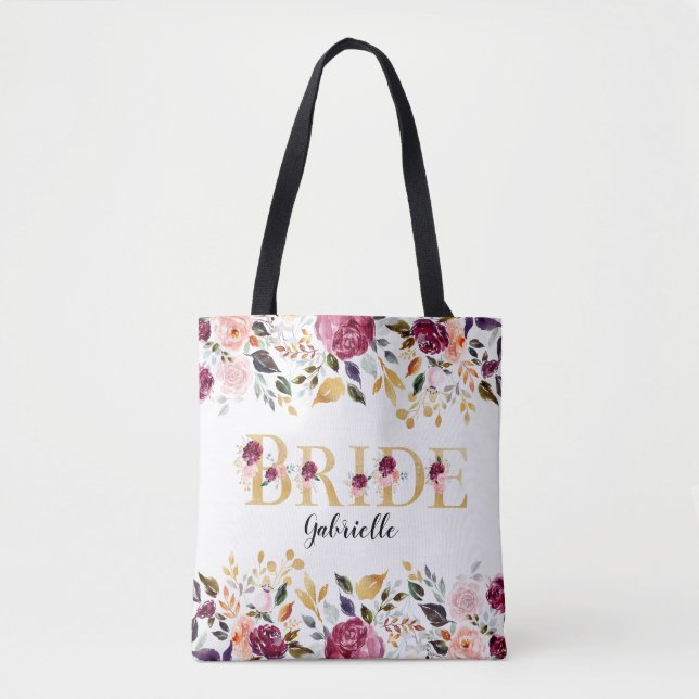 Bolso De Tela Bride Gold Burgundy Rubor Boda Floral (Anverso)