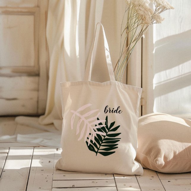 Bolso De Tela Bride | Palm Getaway Tote Bag (Pink and green palm leaves wedding bride or bridal party welcome tote bag.)