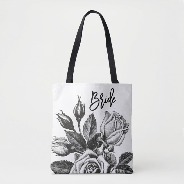 Bolso De Tela Bride | Rosas de té de época en blanco y negro (Anverso)