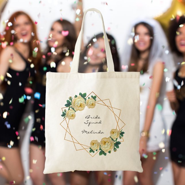 Bolso De Tela Bride Squad amarillo Floral elegante Purpurina de  (Bride Squad Yellow Floral Elegant Gold Glitter Geo Tote Bag)