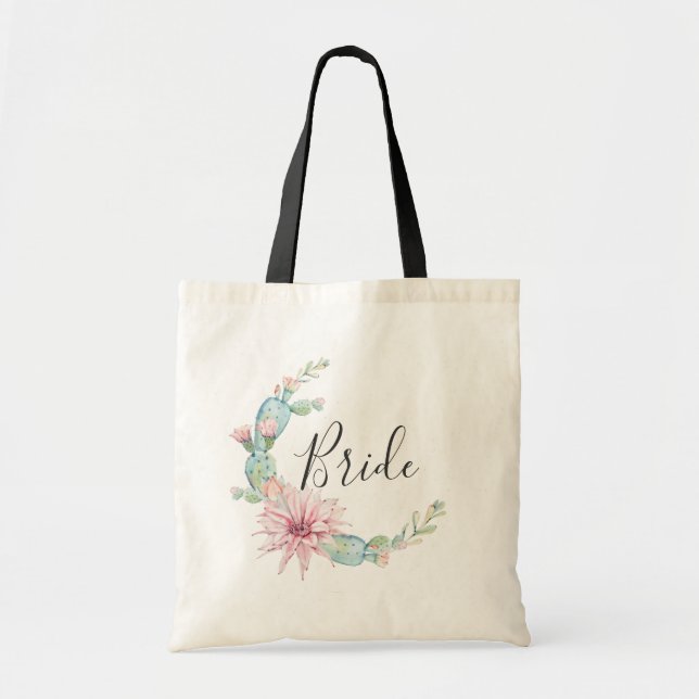 Bolso De Tela Bride. Suculentos acuarelas. Boda cactus (Frente)