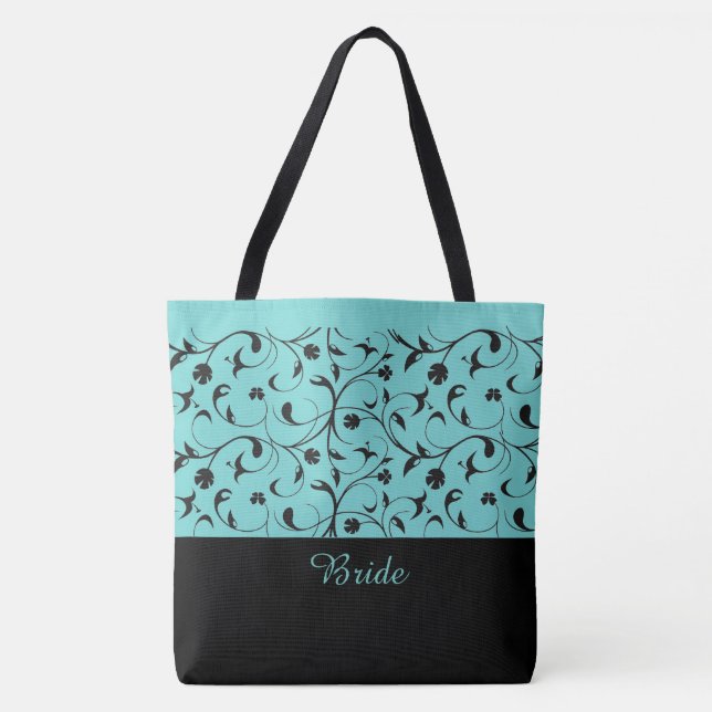 Bolso De Tela Bride Tote Bag Aqua y Black Scrolls (Anverso)