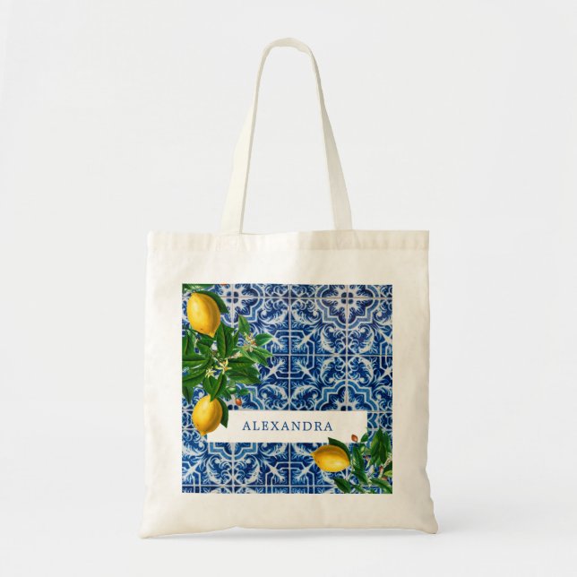 Bolso De Tela Bridesmaid Blue Tiles Lemons Personal (Frente)