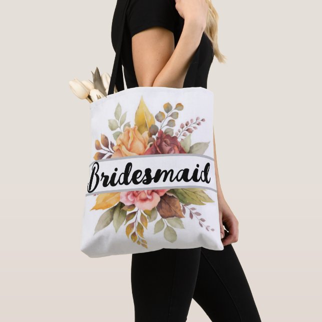 Bolso De Tela Bridesmaid Burgundy Floral Textos Caída Boda Tote (Detalle)