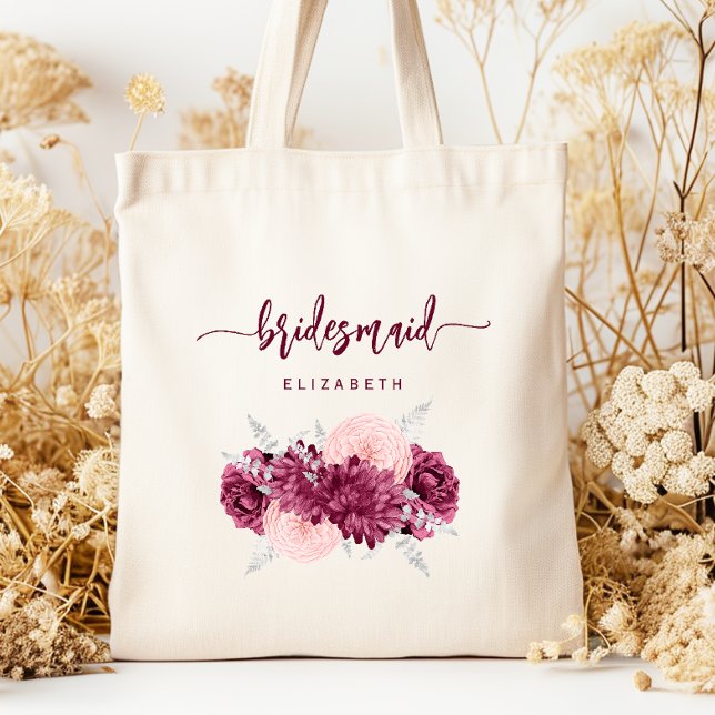 Bolso De Tela Bridesmaid Floral Burgundy Blush Script (Subido por el creador)