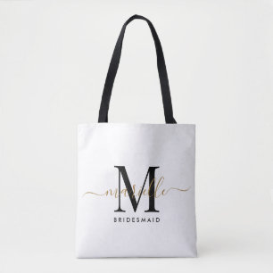 Bolso De Tela Bridesmaid Gift Gold Monograma Blanco