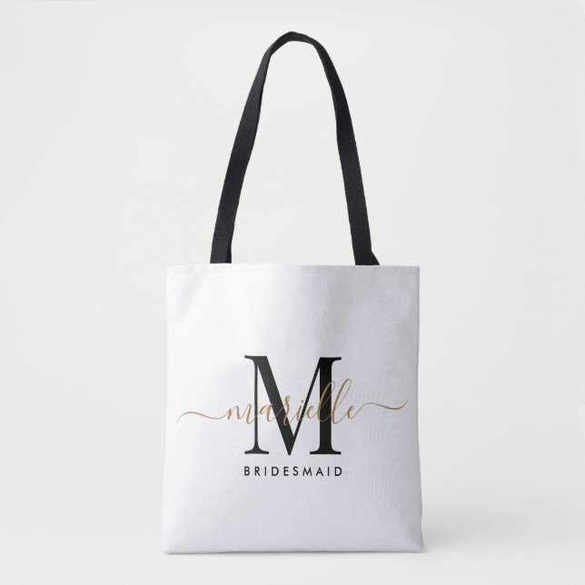 Bolso De Tela Bridesmaid Gift Gold Monograma Blanco (Anverso)