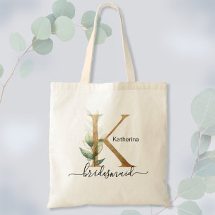 Bolso De Tela Bridesmaid Gold Leaf Green Foliage Monograma "K"